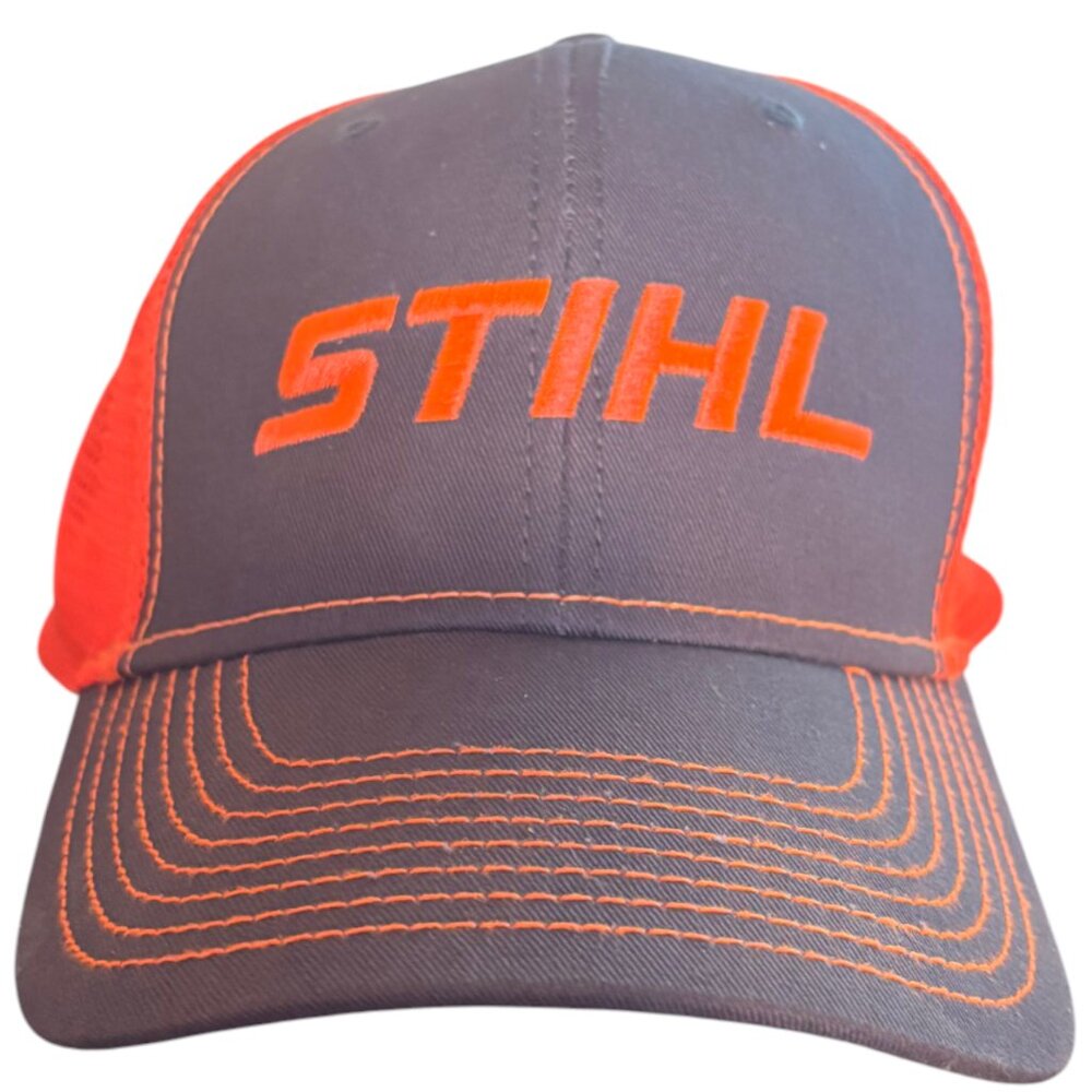 Stihl Trucker Hat Cap Strap Back Mesh‎ Gray Neon Orange Adjustable Graphic NEW